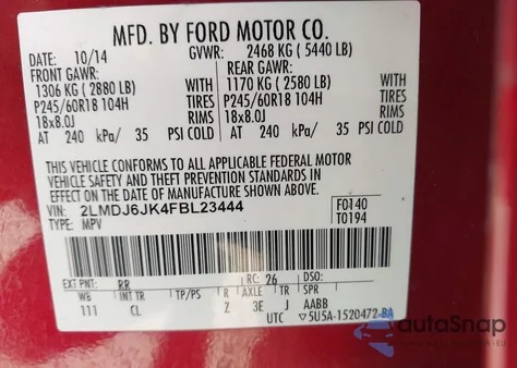 2015 Lincoln Mkx z USA, uszkodzony, nr VIN 2LMDJ6JK4FBL23444